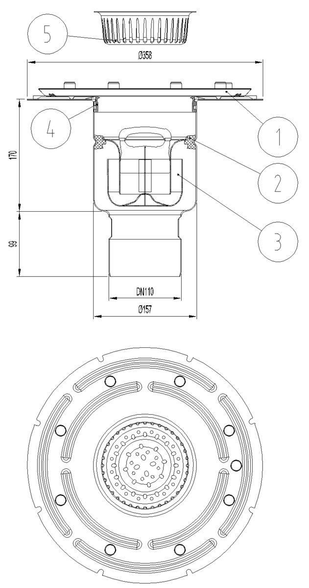 Esquema técnico del fondo sumidero industrial EG TELESCOPICO, fabricado en acero inoxidable AISI304, de dimensiones Ø358 H261 fondo Ø157, con marco para clipaje de tela, salida vertical DN110, con sifón y cestillo.