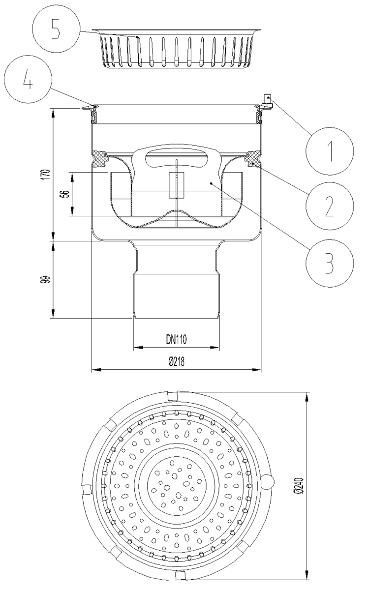 Esquema técnico do corpo de ralo industrial EG TELESCOPICO, fabricado em acero inoxidável AISI304, de dimensões Ø240 H269 fundo Ø218, sem aro, saída vertical DN110, com sifão e cesto.