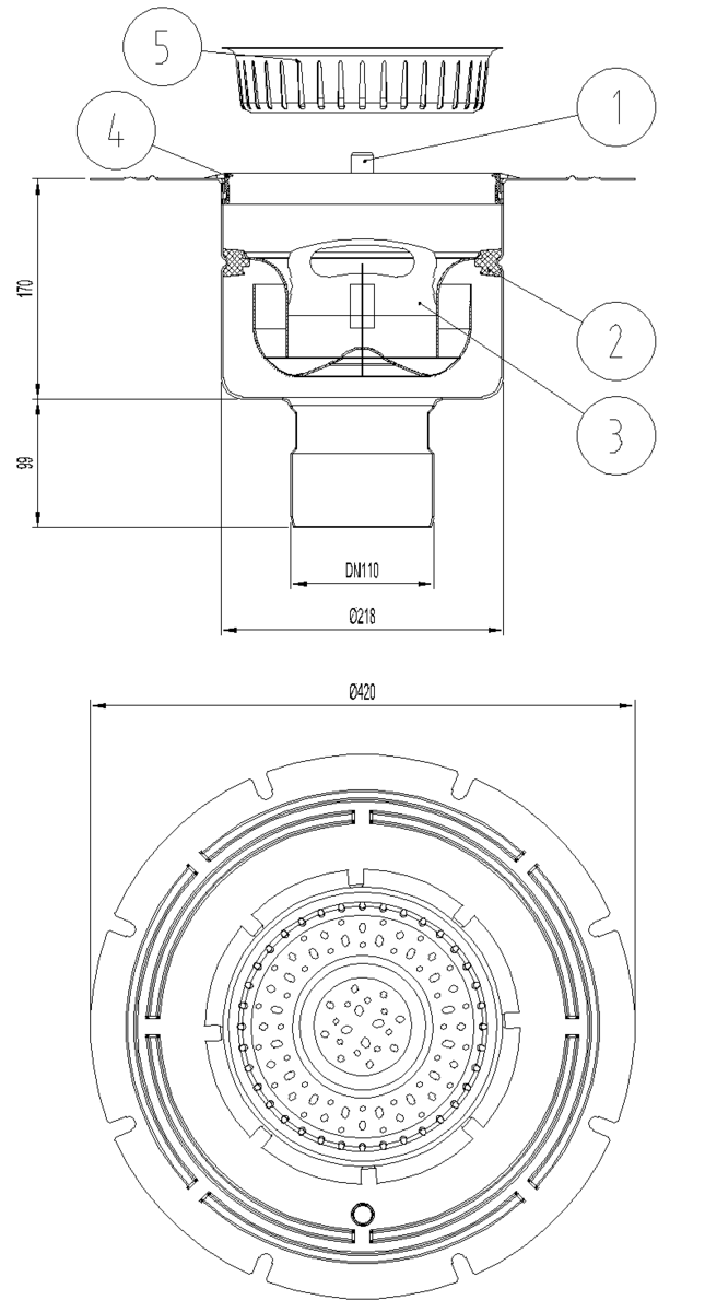 EG408063 Esquema técnico del fondo sumidero industrial EG TELESCOPICO, fabricado en acero inoxidable AISI304, de dimensiones Ø420 H269 fondo Ø218, con marco para impermeabilizació liquida, salida vertical DN110, con sifón y cestillo.