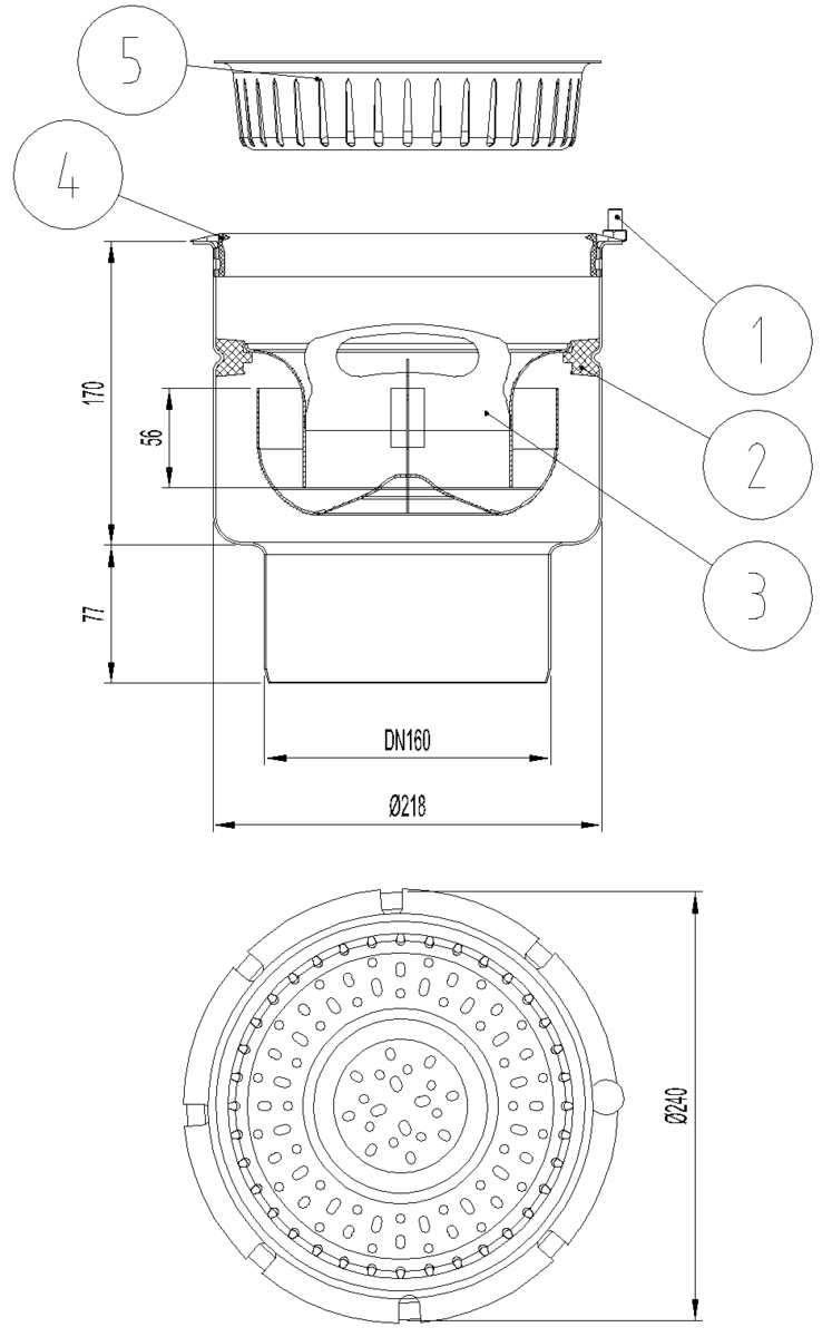 EG408067 Esquema técnico do corpo de ralo industrial EG TELESCOPICO, fabricado em acero inoxidável AISI304, de dimensões Ø240 H244 fundo Ø218, sem aro, saída vertical DN160, com sifão e cesto.
