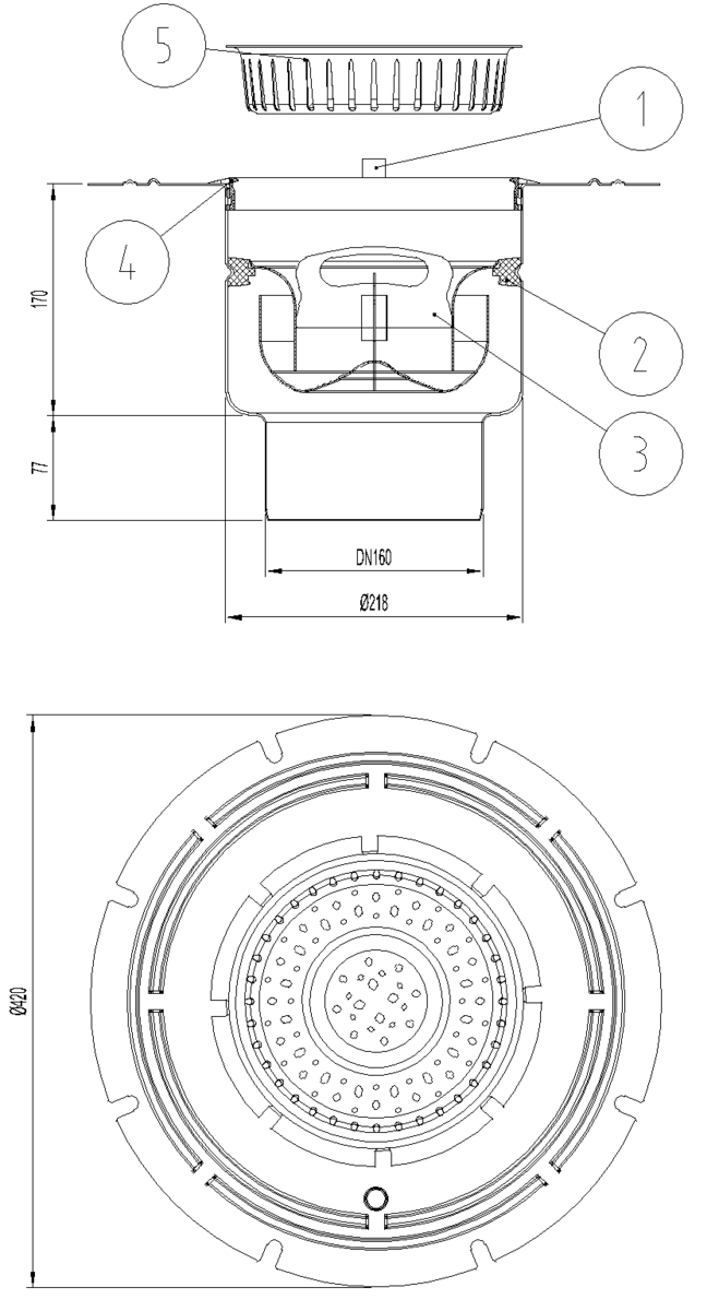 Esquema técnico do corpo de ralo industrial EG TELESCOPICO, fabricado em acero inoxidável AISI304, de dimensões Ø420 H244 fundo Ø218, com aro para impermeabilização líquida, saída vertical DN160, com sifão e cesto.