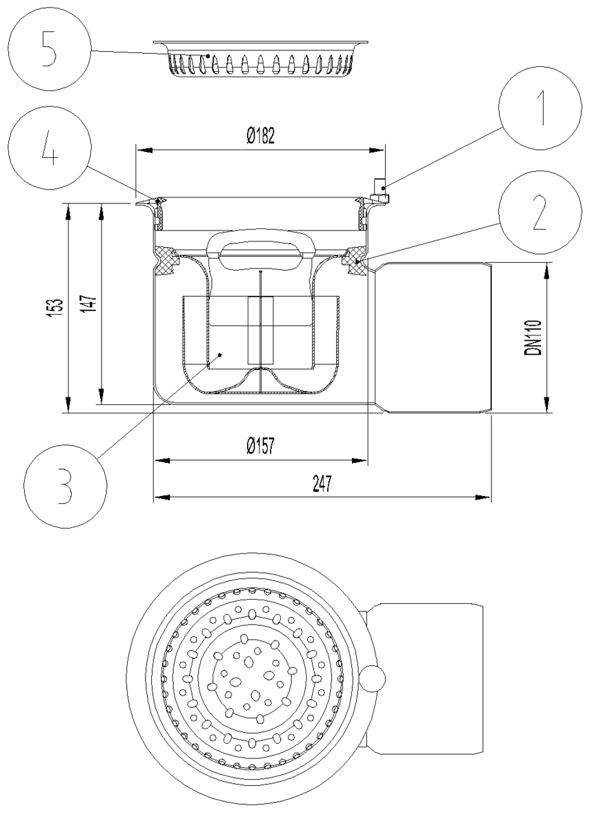 Esquema técnico del fondo sumidero industrial EG TELESCOPICO, fabricado en acero inoxidable AISI304, de dimensiones Ø182 H153 fondo Ø157, sin marco, salida horizontal DN110, con sifón y cestillo.