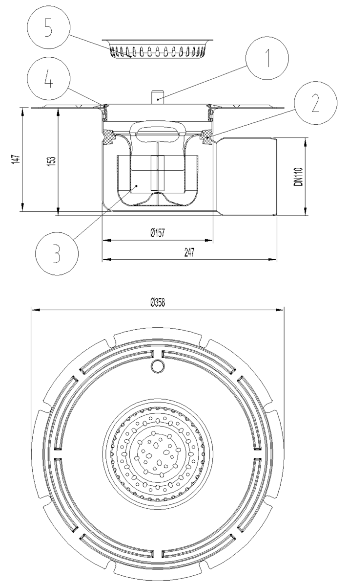 Esquema técnico del fondo sumidero industrial EG TELESCOPICO, fabricado en acero inoxidable AISI304, de dimensiones Ø358 H153 fondo Ø157, con marco para impermeabilizació liquida, salida horizontal DN110, con sifón y cestillo.