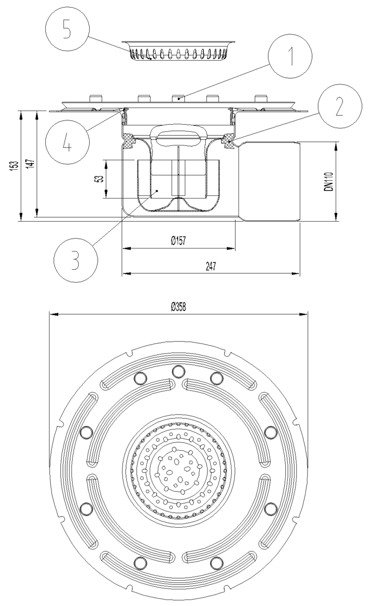EG408083 Esquema técnico del fondo sumidero industrial EG TELESCOPICO, fabricado en acero inoxidable AISI304, de dimensiones Ø358 H153 fondo Ø157, con marco para clipaje de tela, salida horizontal DN110, con sifón y cestillo.