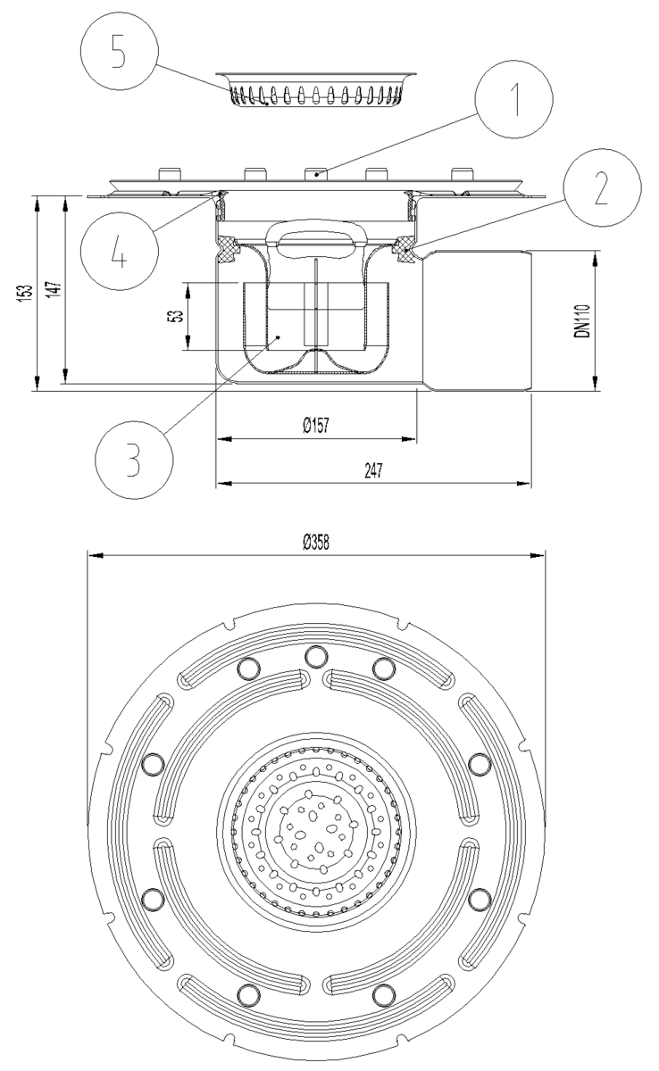 Esquema técnico do corpo de ralo industrial EG TELESCOPICO, fabricado em acero inoxidável AISI304, de dimensões Ø358 H153 fundo Ø157, com aro para fixação mecânica de tela, saída horizontal DN110, com sifão e cesto.