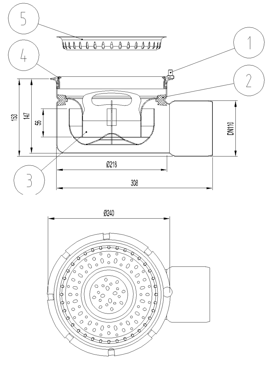 Esquema técnico del fondo sumidero industrial EG TELESCOPICO, fabricado en acero inoxidable AISI304, de dimensiones Ø240 H153 fondo Ø218, sin marco, salida horizontal DN110, con sifón y cestillo.