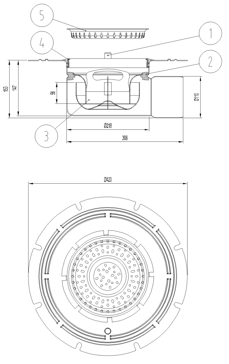 EG408087 Esquema técnico del fondo sumidero industrial EG TELESCOPICO, fabricado en acero inoxidable AISI304, de dimensiones Ø420 H153 fondo Ø218, con marco para impermeabilizació liquida, salida horizontal DN110, con sifón y cestillo.
