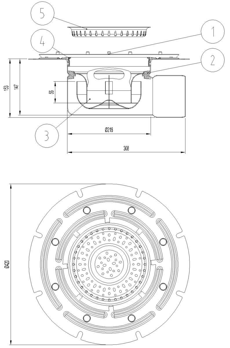 EG408089 Esquema técnico del fondo sumidero industrial EG TELESCOPICO, fabricado en acero inoxidable AISI304, de dimensiones Ø418 H153 fondo Ø218, con marco para clipaje de tela, salida horizontal DN110, con sifón y cestillo.