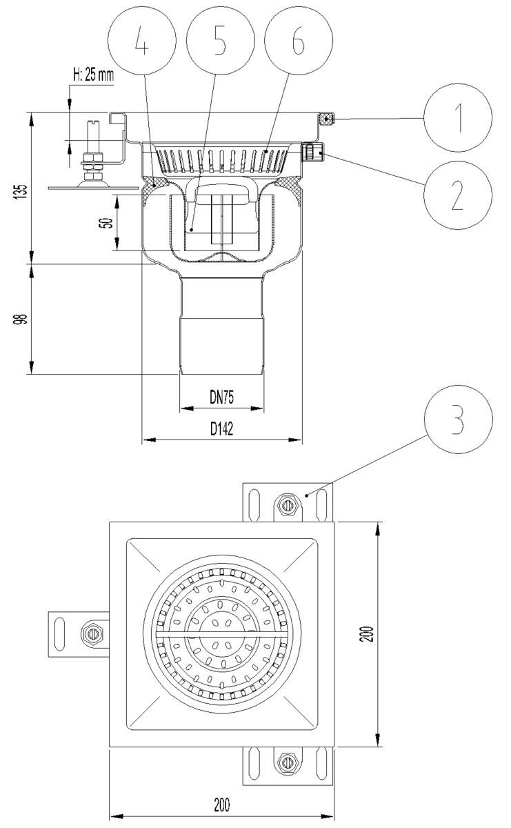 Esquema técnico del sumidero industrial EG FIJO, fabricado en acero inoxidable AISI304, de dimensiones L200 A200 H223 fondo Ø142, salida vertical DN75, con sifón y cestillo.