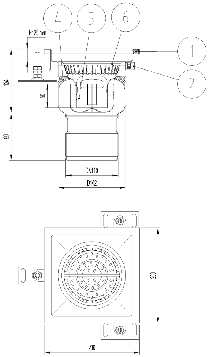 Esquema técnico do sumidouro industrial EG FIXO, fabricado em acero inoxidável AISI304, de dimensões L200 A200 H223 fundo Ø142, saída vertical DN110, com sifão e cesto.