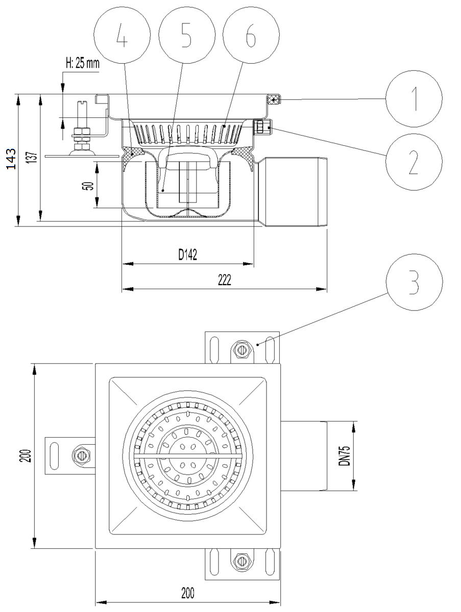 Esquema técnico del sumidero industrial EG FIJO, fabricado en acero inoxidable AISI304, de dimensiones L200 A200 H143 fondo Ø142, salida horizontal DN75, con sifón y cestillo.