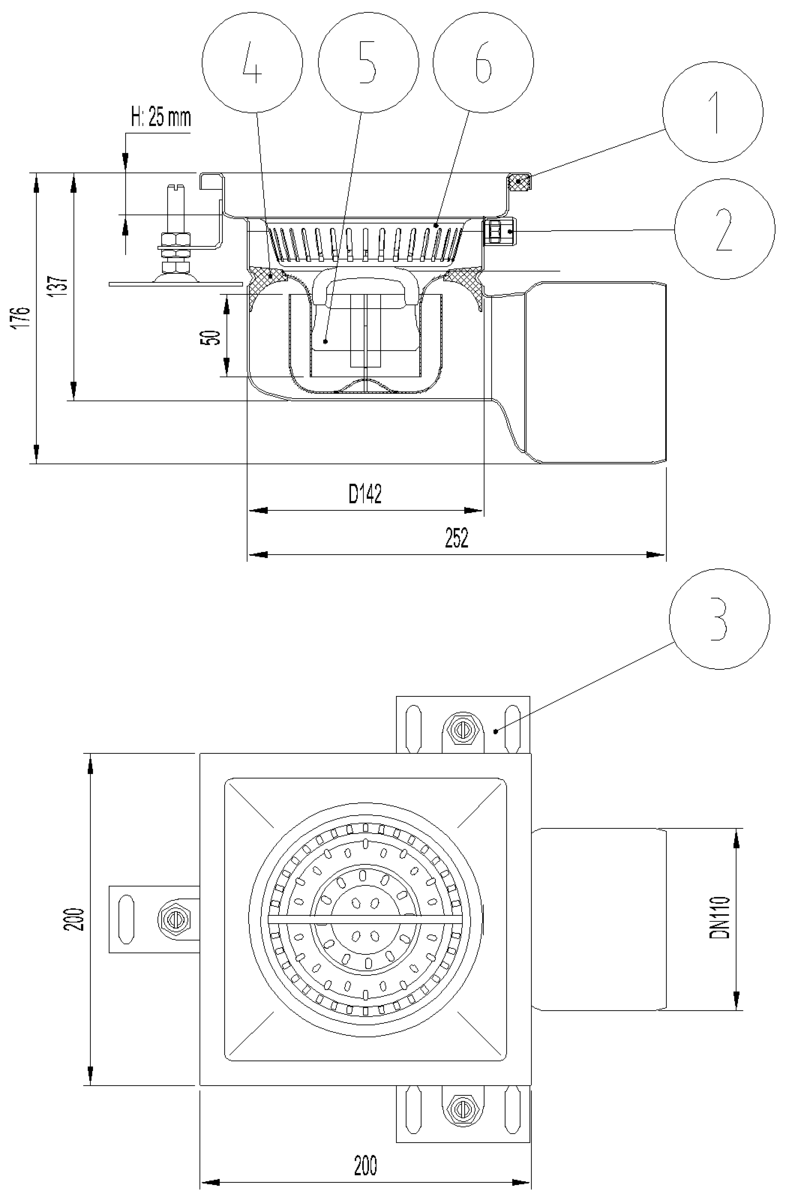 Esquema técnico do sumidouro industrial EG FIXO, fabricado em acero inoxidável AISI304, de dimensões L200 A200 H175 fundo Ø142, saída horizontal DN110, com sifão e cesto.