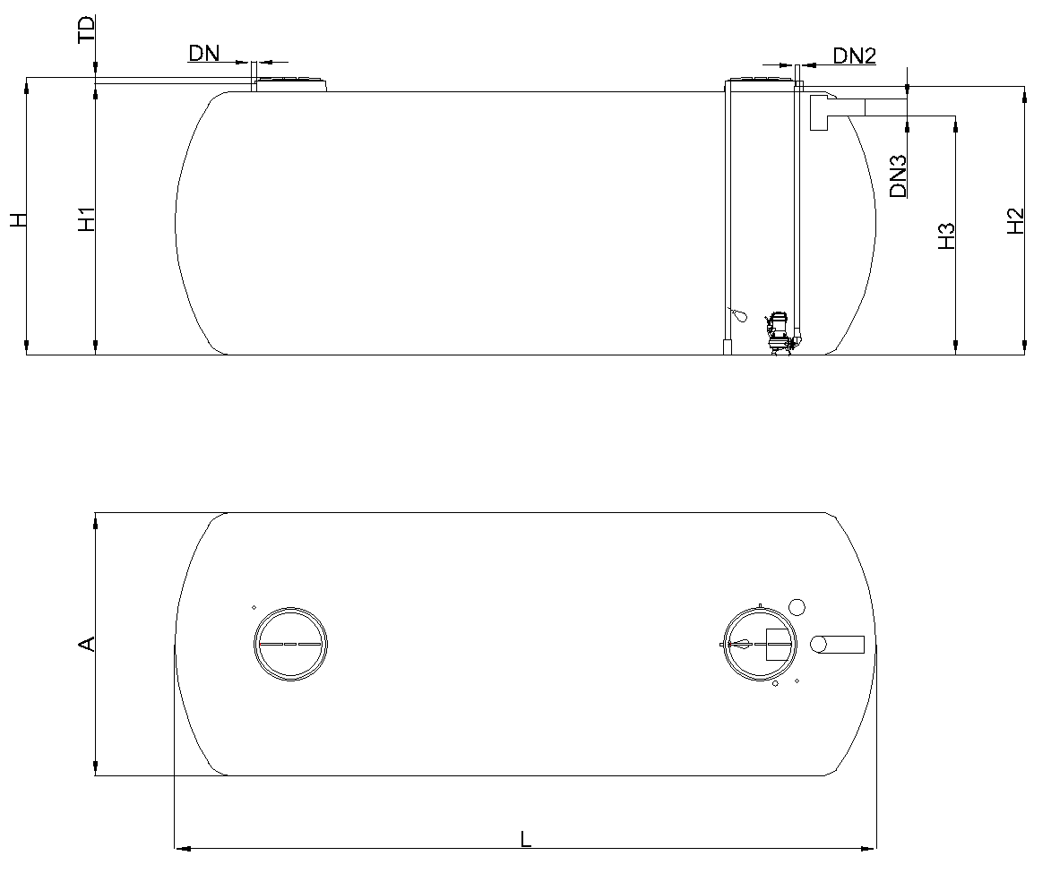 Esquema CROXPLUS Desenho técnico do reservatório de armazenamento de água tratada CROXPLUS. Formato horizontal, instalação subterrânea em GRP.