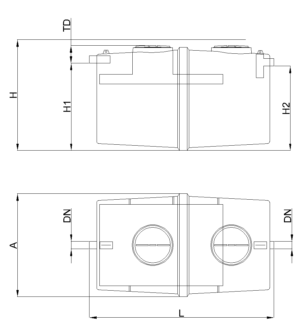 Esquema IHFF cuba Esquema técnico do reservatório horizontal IMHOFF em formato cuba e subterrâneo. Modelos IHFF