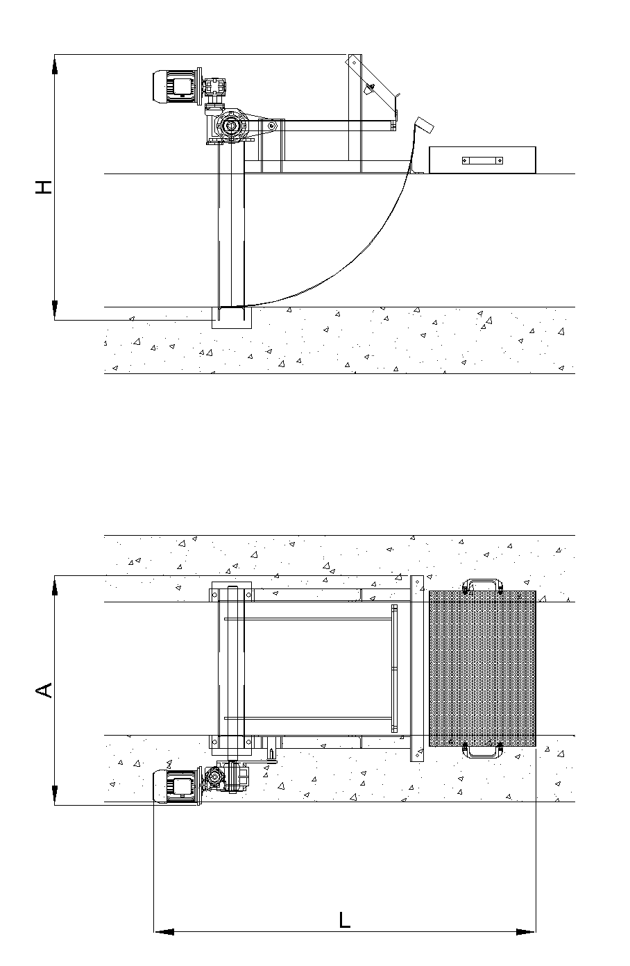 Esquema RCA Desenho técnico do grelha automática de desbaste circular para separação de sólidos. Modelo: RCA