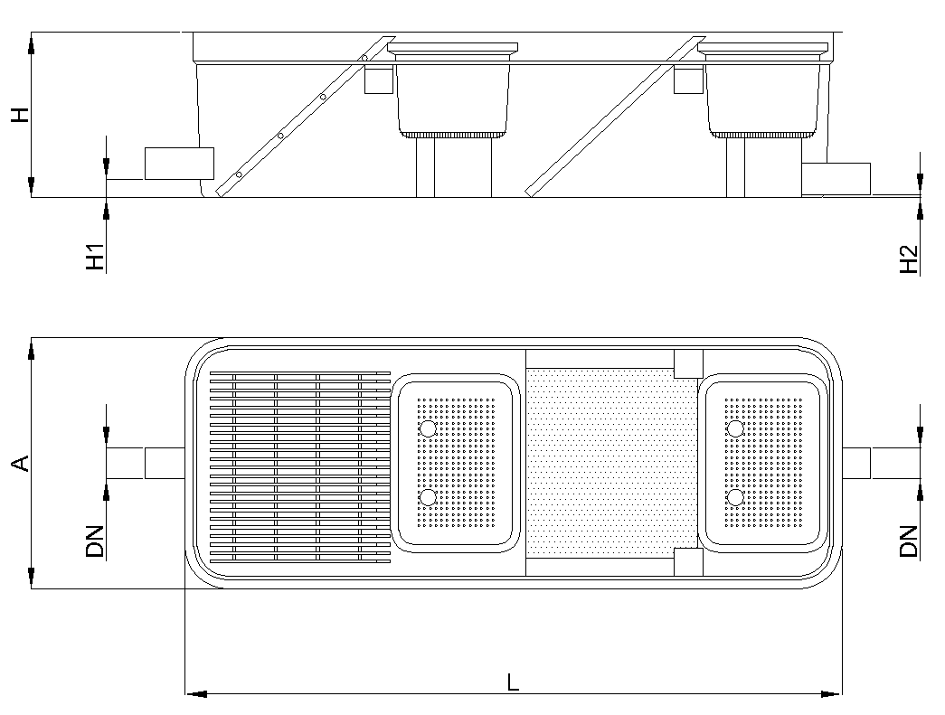 Esquema RDGF Desenho técnico do crivo de desbaste manual para a separação de sólidos grosseiros e finos. Modelo: RDGF