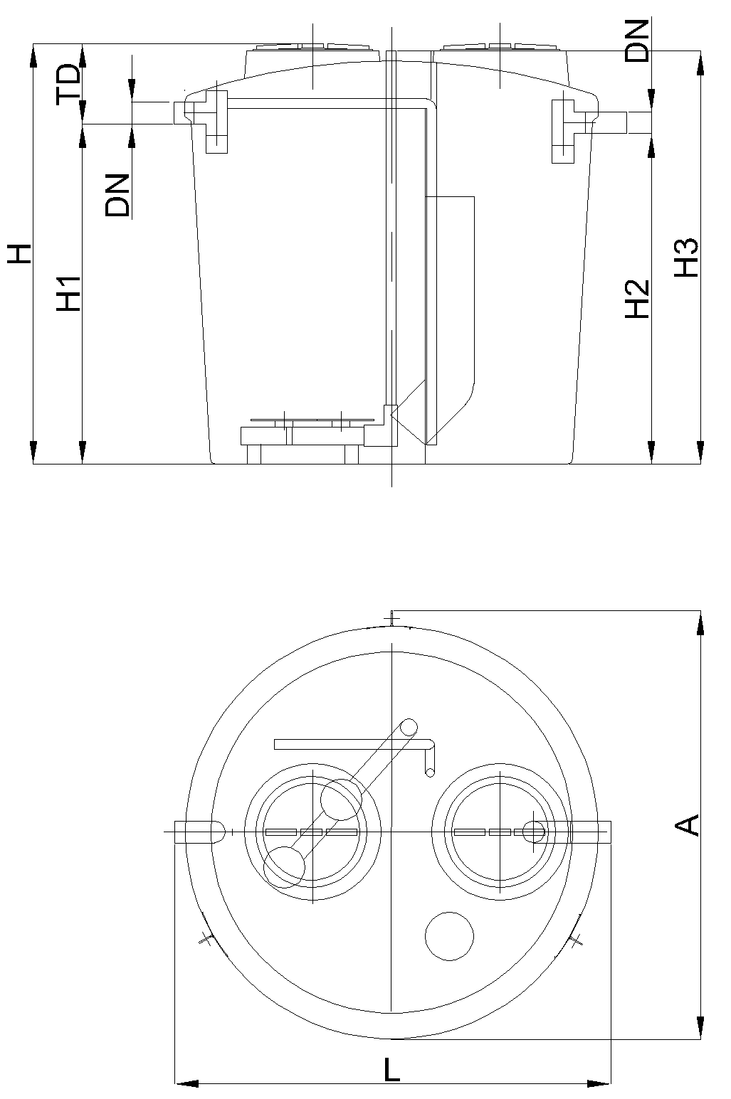 Esquema ROX VE Esquema técnico ROX formato cisterna vertical e instalación enterrada