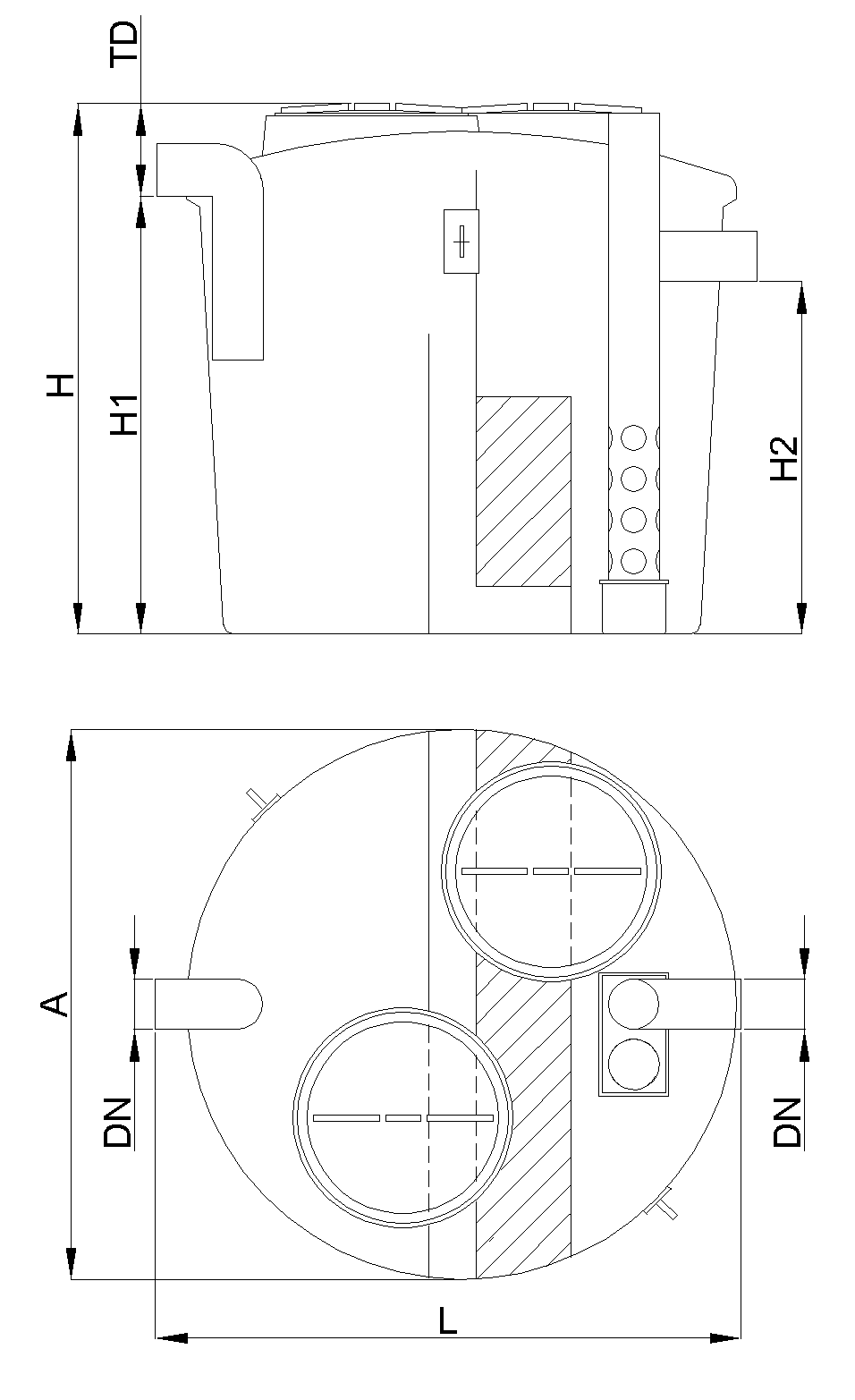 Esquema SHDGCO Cilindrico Esquema técnico do separador de hidrocarbonetos com desarenador grande, coalescente, vedante e by-pass formato retangular, modelo SHDGCO.
