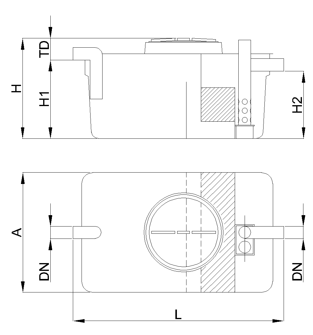 Esquema técnico do separador de hidrocarbonetos com desarenador pequenho, coalescente, vedante e by-pass formato cilíndrico, modelo SHDPCO.