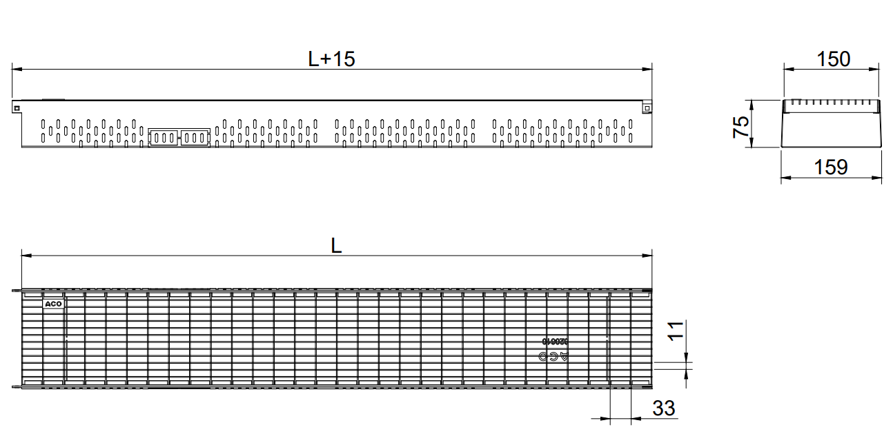 Esquema canal Greenline 3.0 H75 ancho 155 con reja tramex 33x11