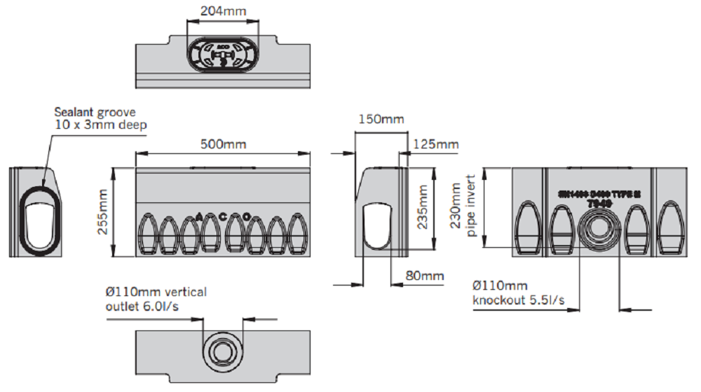 Esquema canal registrable Kerbdrain HB255 clase de carga D400 L500