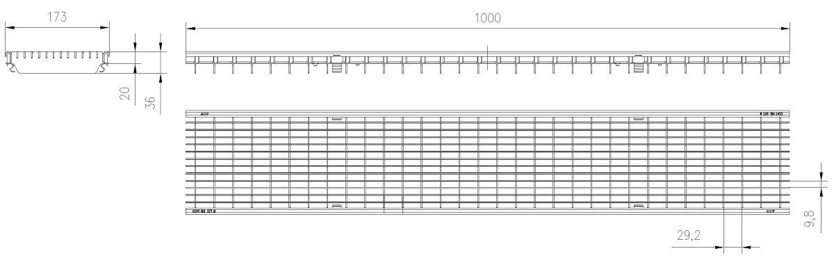 Esquema Tecnico Reja Entramada Q+ Antitacon 30x10 para Canales Xtradrain/Multidrain/Multiline/SealIn 150