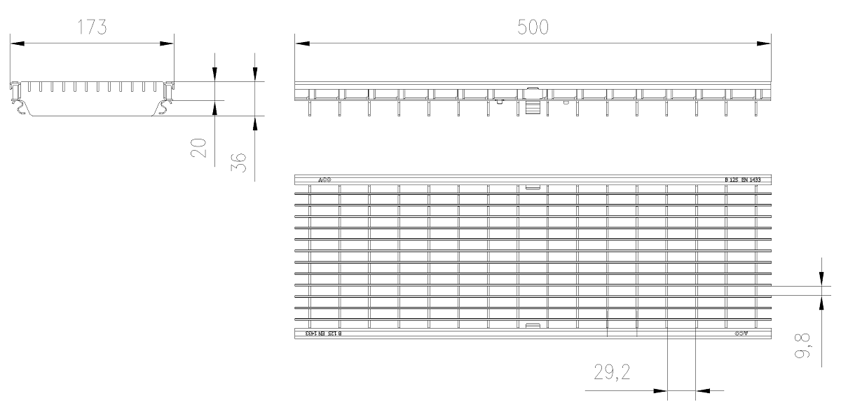 Esquema Tecnico Reja Entramada Q+ Antitacon 30x10 para Canales Xtradrain/Multidrain/Multiline/SealIn 150