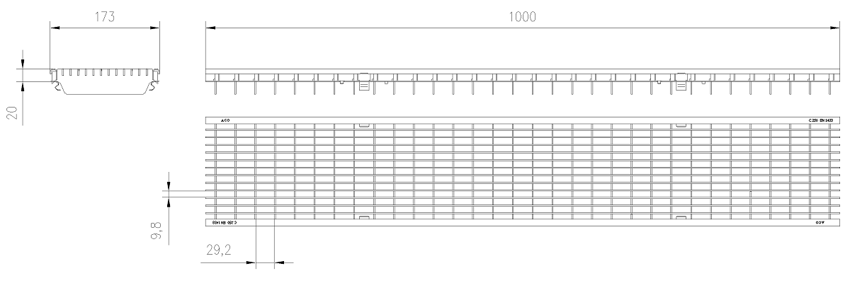 Esquema Tecnico Reja Entramada Q+ 30x10 Antitacon para Canales Xtradrain/Multidrain/Multiline/SealIn 150