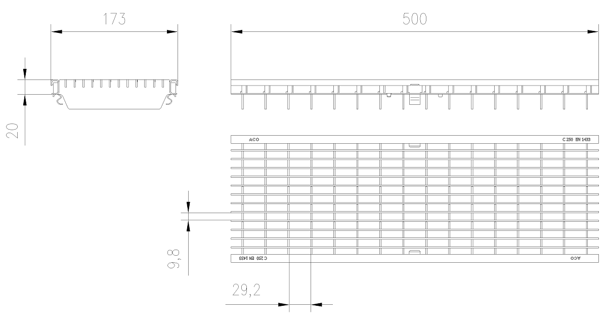 Esquema Tecnico Grelha Entramada Q+ 30x10 Anti Salto para Canais Xtradrain/Multidrain/Multiline/SealIn 150