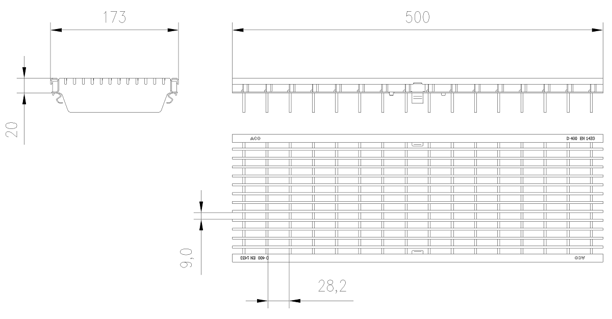 Esquema Tecnico Grelha Entramada Q+ 30x10 Anti Salto para Canais Xtradrain/Multidrain/Multiline/SealIn 150