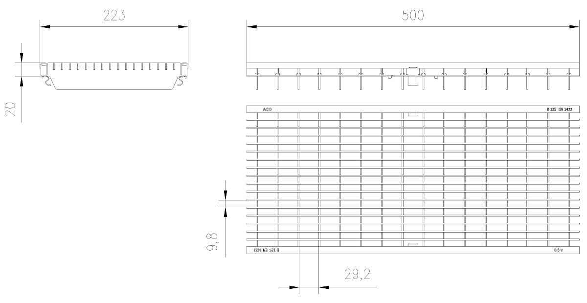 IBE_00133614 Esquema Tecnico Reja Entramada Q+ Antitacon para Canales Xtradrain/Multidrain/Multiline/SealIn 200
