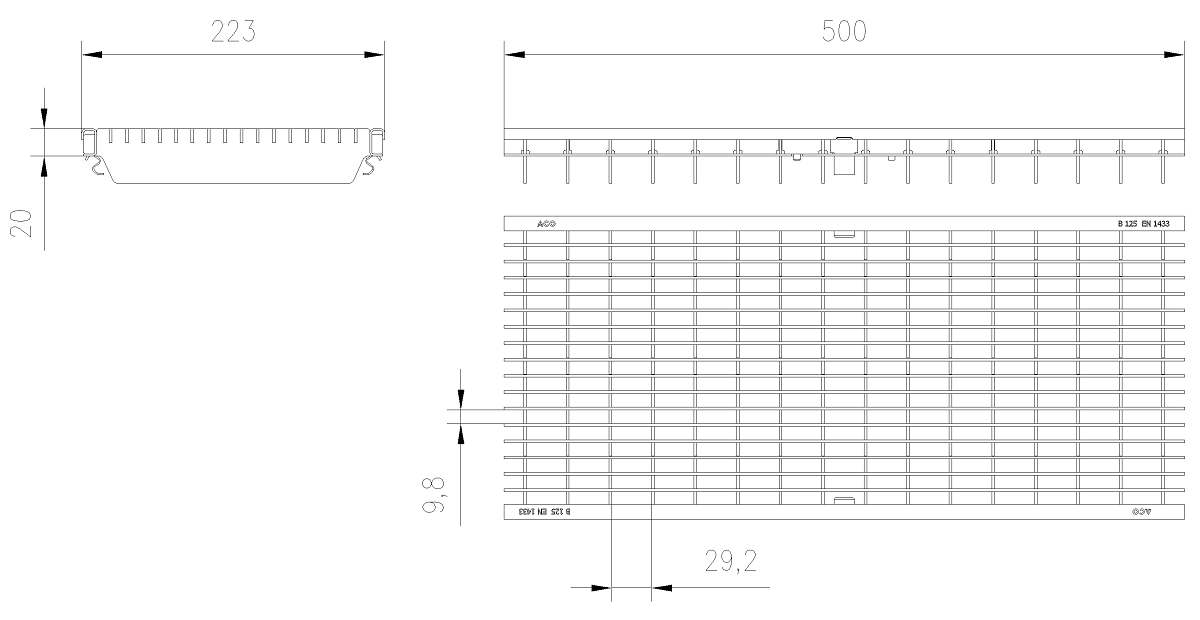 Esquema Tecnico Reja Entramada Q+ Antitacon para Canales Xtradrain/Multidrain/Multiline/SealIn 200