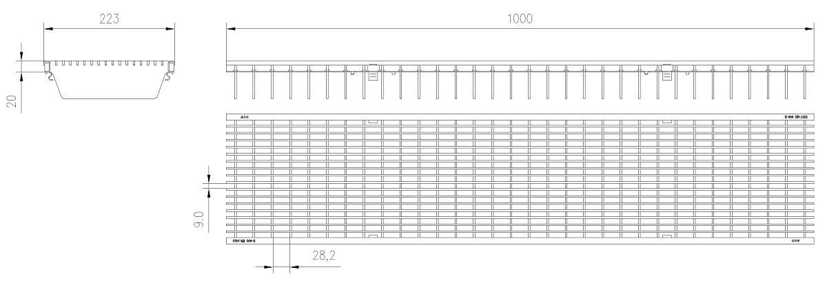 Esquema Tecnico Grelha Entramada Q+ Anti Salto para Canais Xtradrain/Multidrain/Multiline/SealIn 200