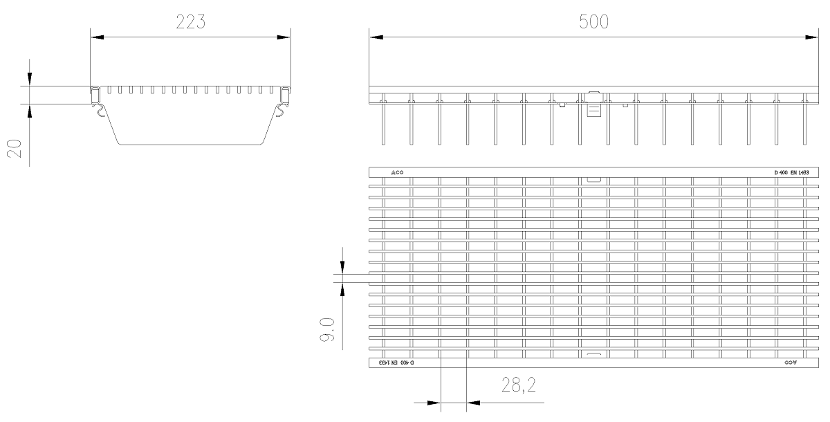IBE_00133622 Esquema Tecnico Reja Entramada Q+ Antitacon para Canales Xtradrain/Multidrain/Multiline/SealIn 200