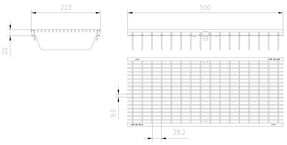 Esquema Tecnico Grelha Entramada Q+ Anti Salto para Canais Xtradrain/Multidrain/Multiline/SealIn 200