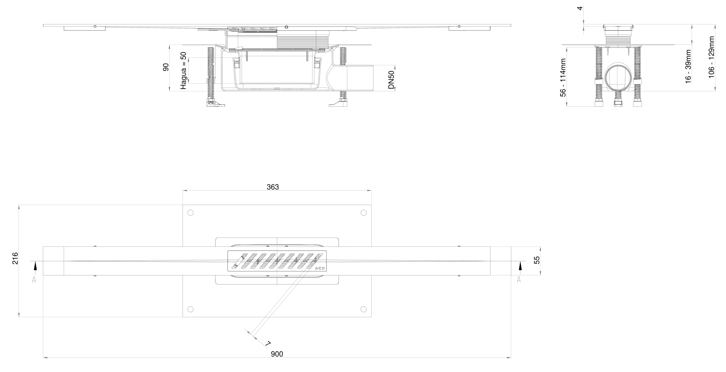 Esquema do canal chuveiro Showerdrain S+ STD L900 com grelha Stripes