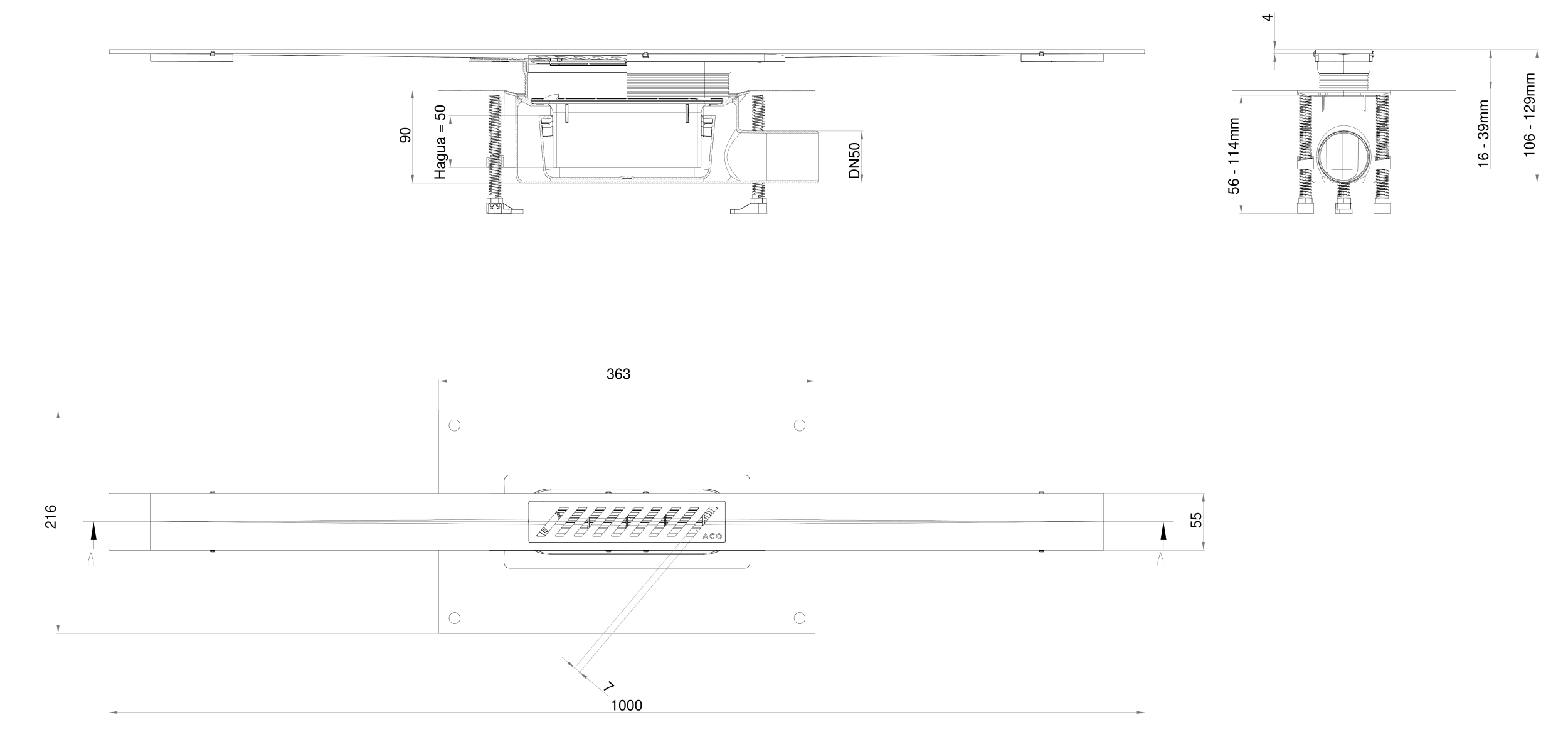 Esquema do canal chuveiro Showerdrain S+ STD L1000 com grelha Stripes