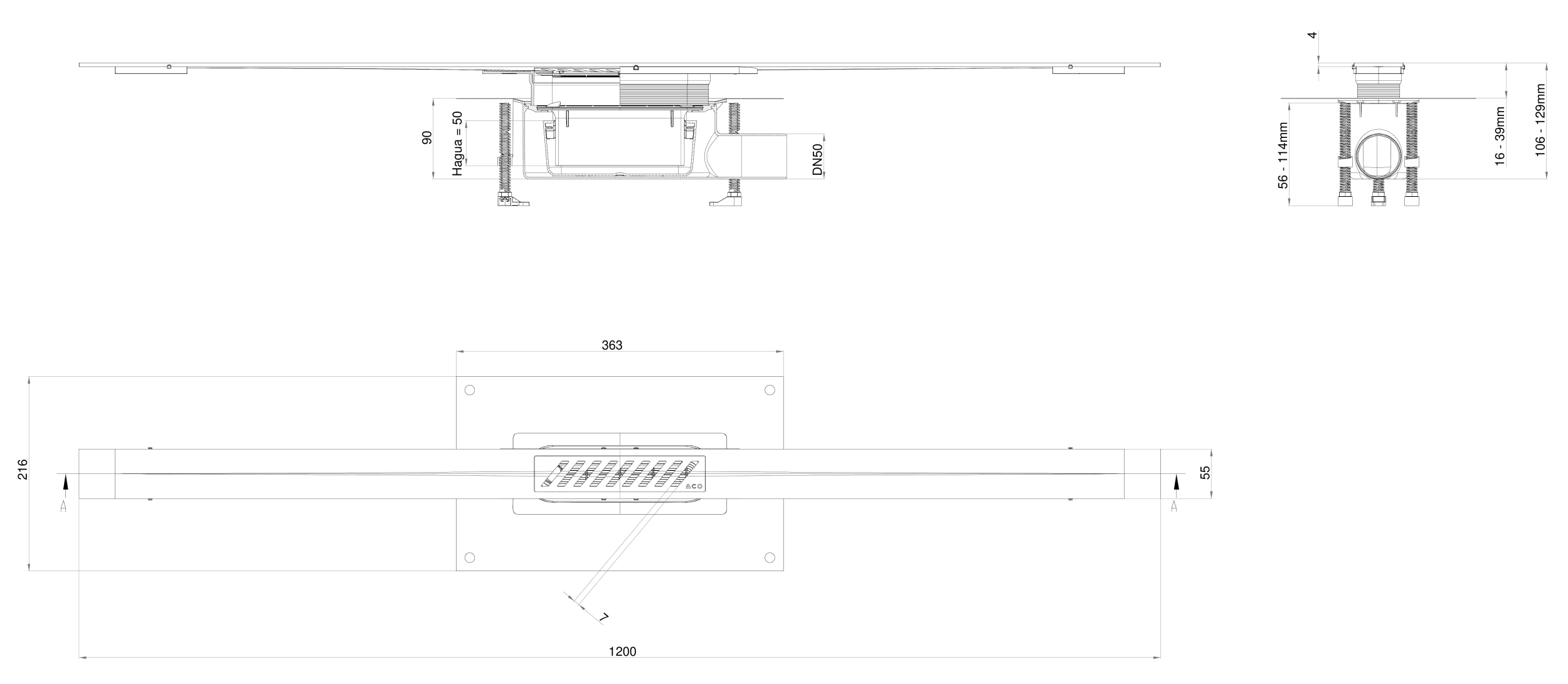 Esquema do canal chuveiro Showerdrain S+ STD L1200 com grelha Stripes