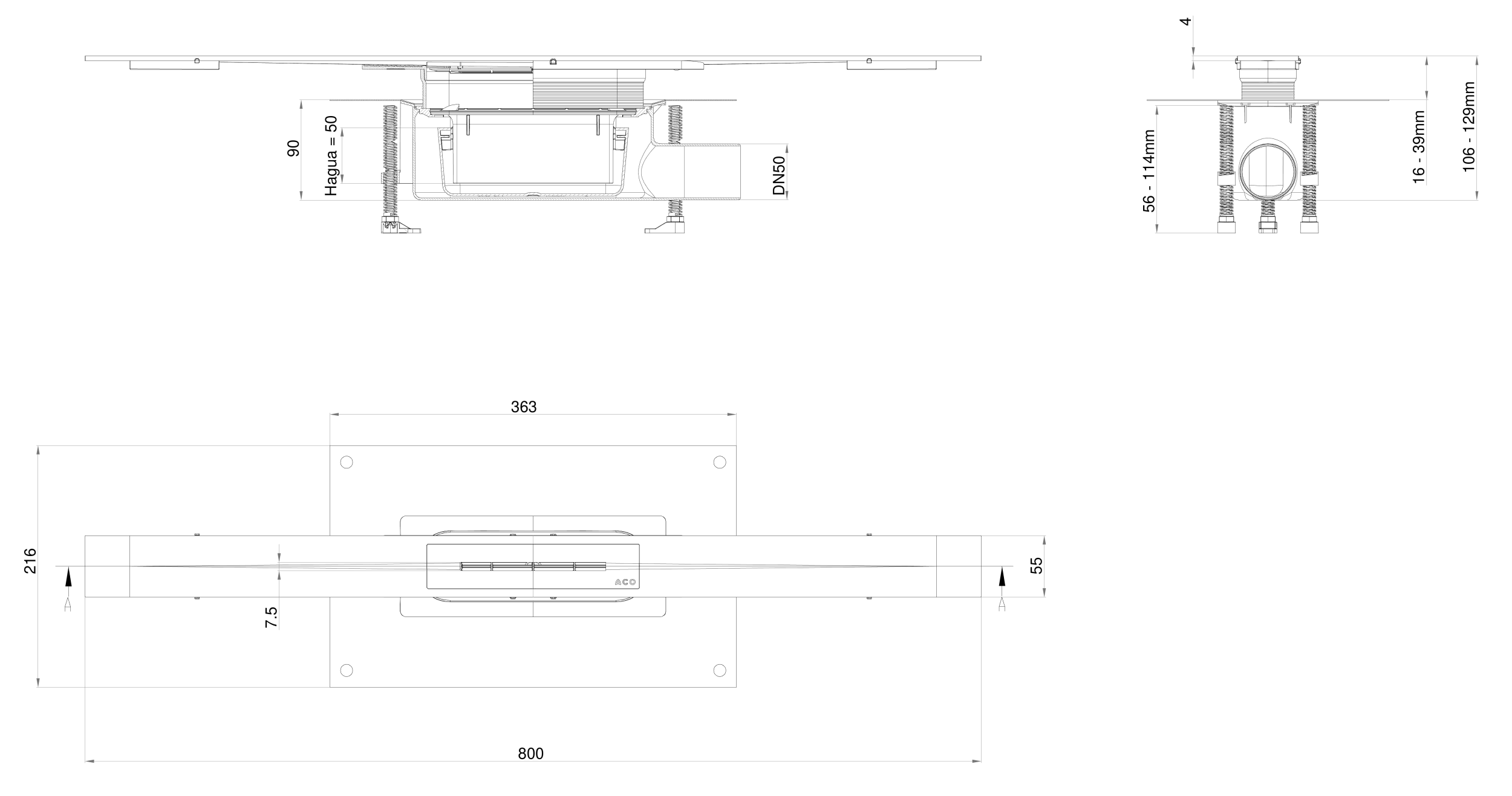 Esquema do canal chuveiro Showerdrain S+ STD L800 com grelha Plate