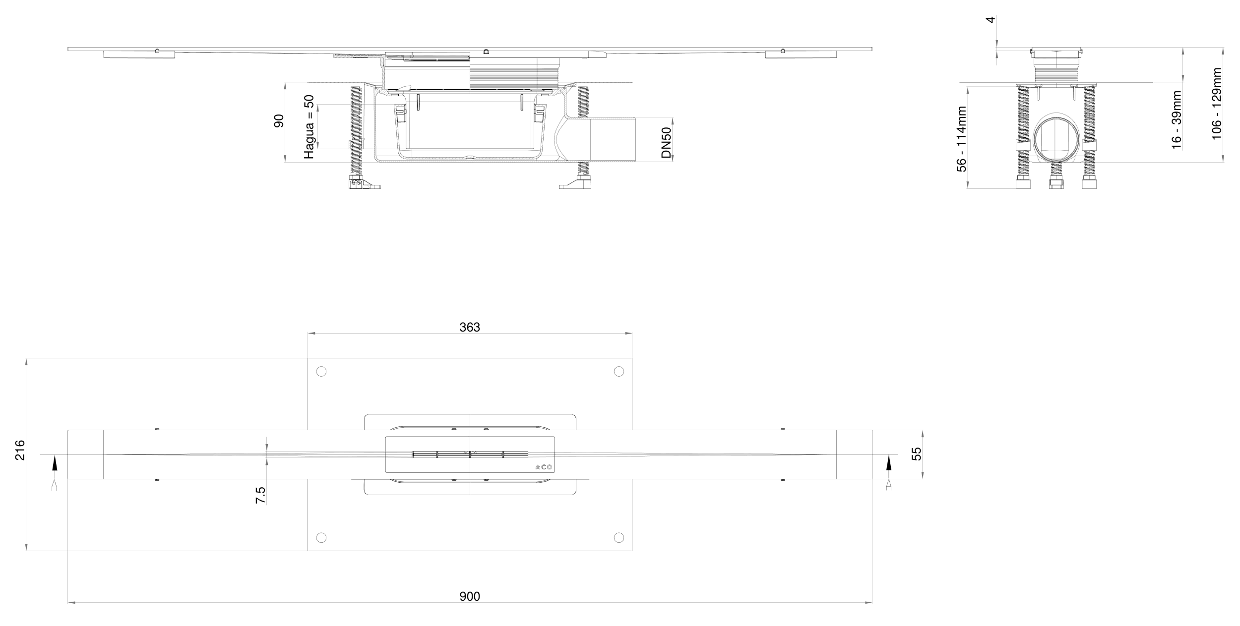 Esquema do canal chuveiro Showerdrain S+ STD L900 com grelha Plate