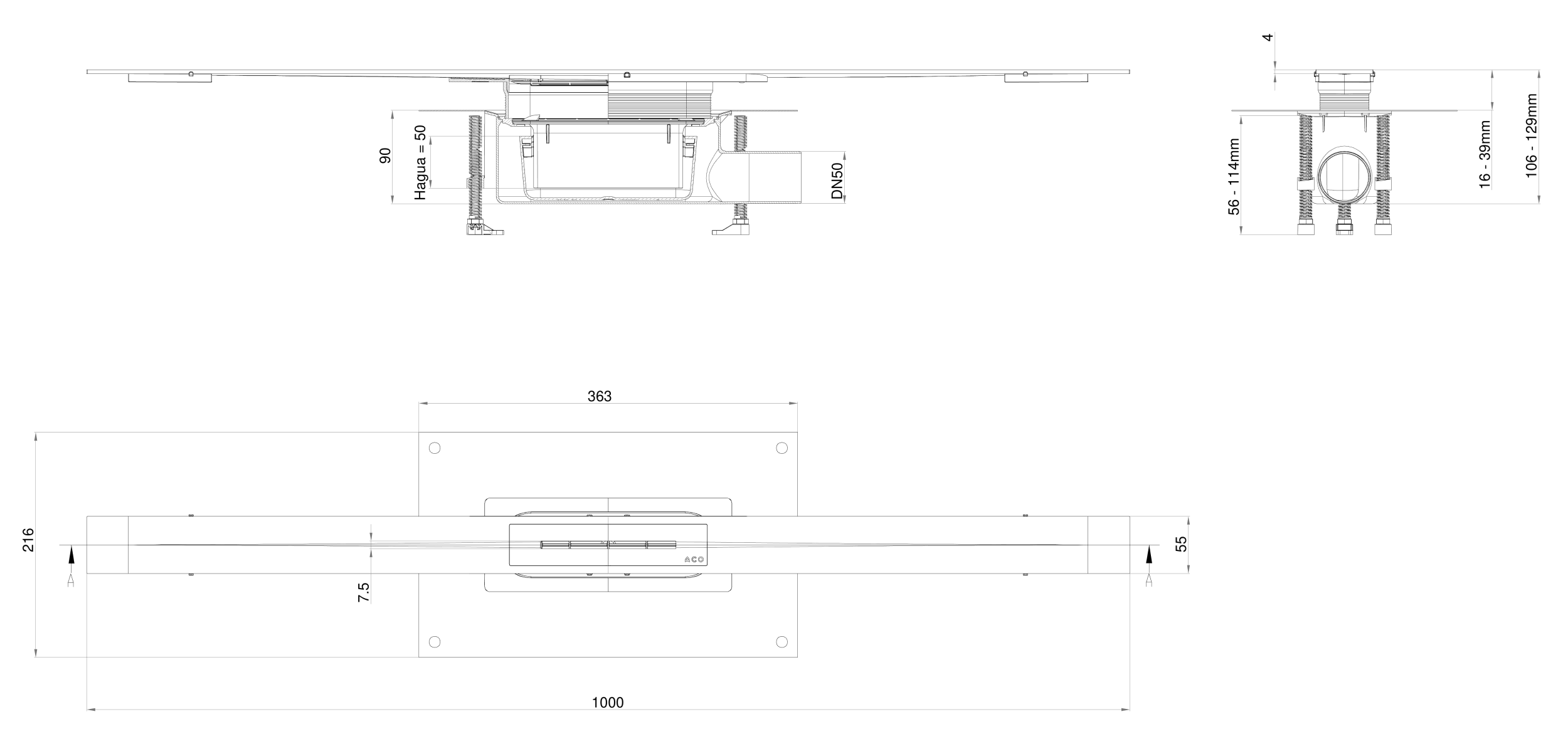 Esquema do canal chuveiro Showerdrain S+ STD L1000 com grelha Plate