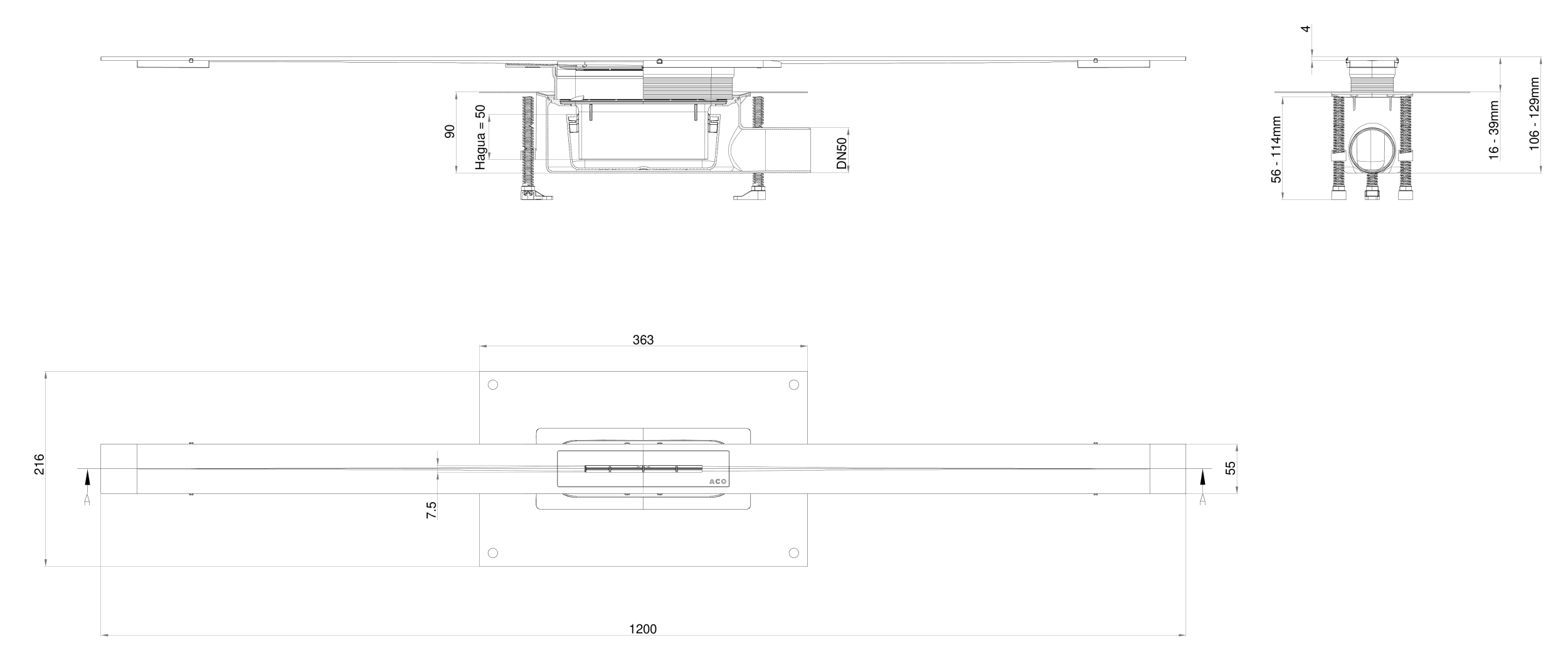 Esquema do canal chuveiro Showerdrain S+ STD L1200 com grelha Plate