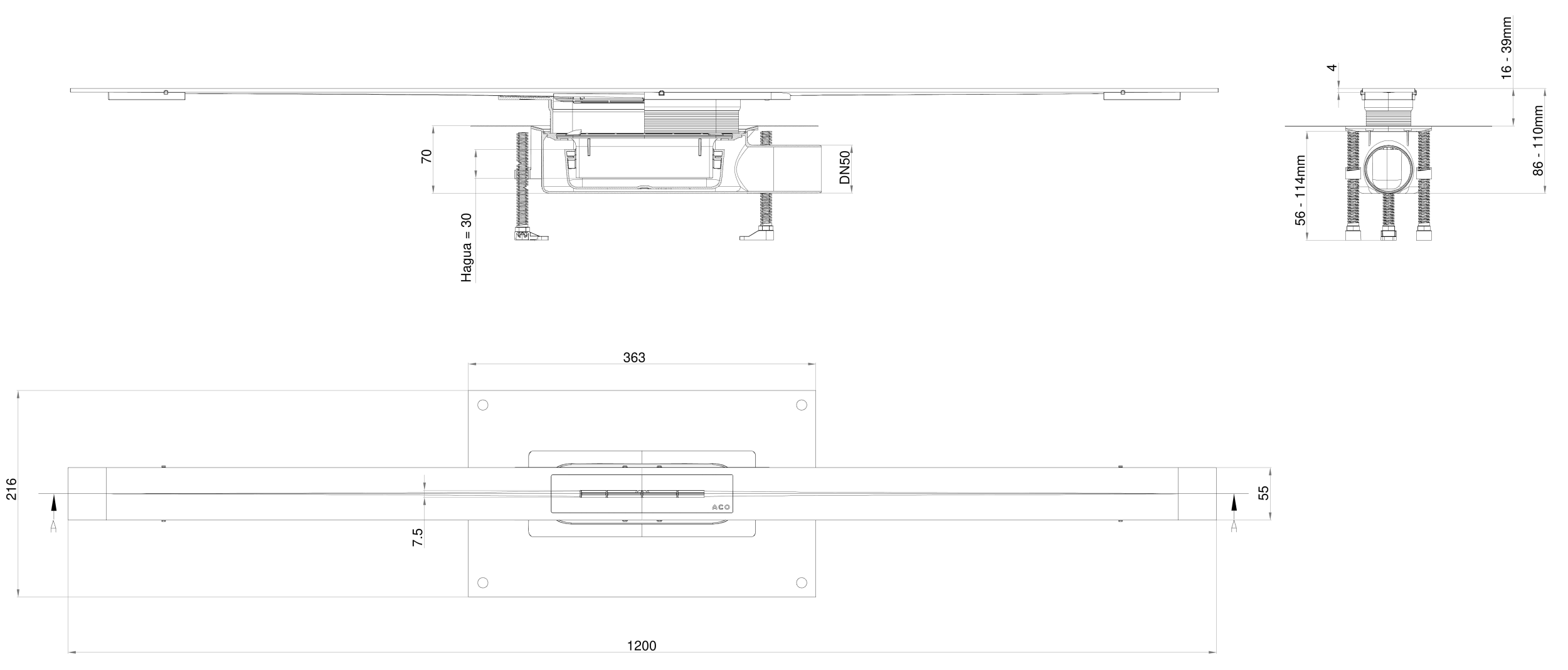 Esquema del canal de duchas Showerdrain S+ baja altura L1200 con reja Plate