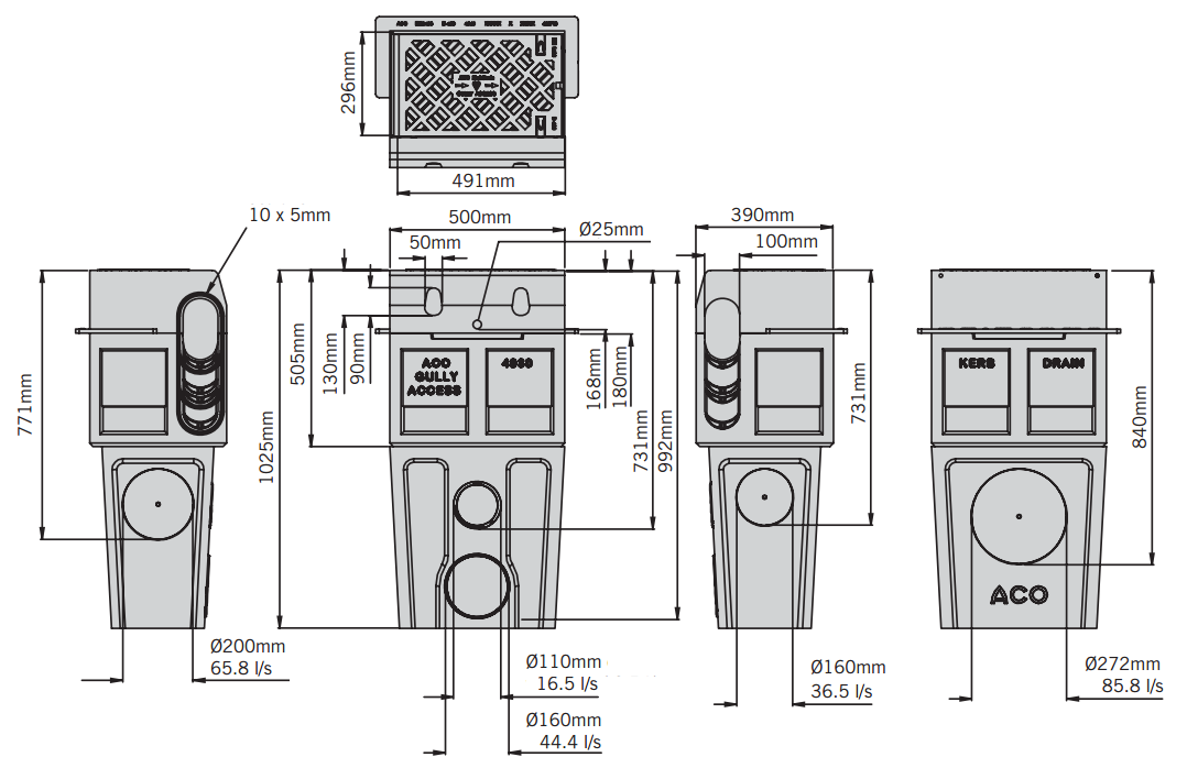 K0004183 Esquema técnico do sumidouro completo para o canal KERBDRAIN HB255/305/405 L500 H1025 em betão polímerico, com tampa em fundição, sistema Powerlock e pré-formas laterais quebráveis L-T-X e saída DN/OD 110/160, com cesto em aço galvanizado.