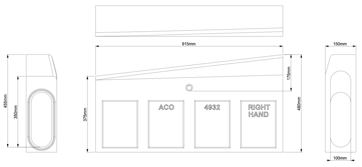 Esquema técnico del canal KERBDRAIN HB480 vado derecho de hormigón polímero