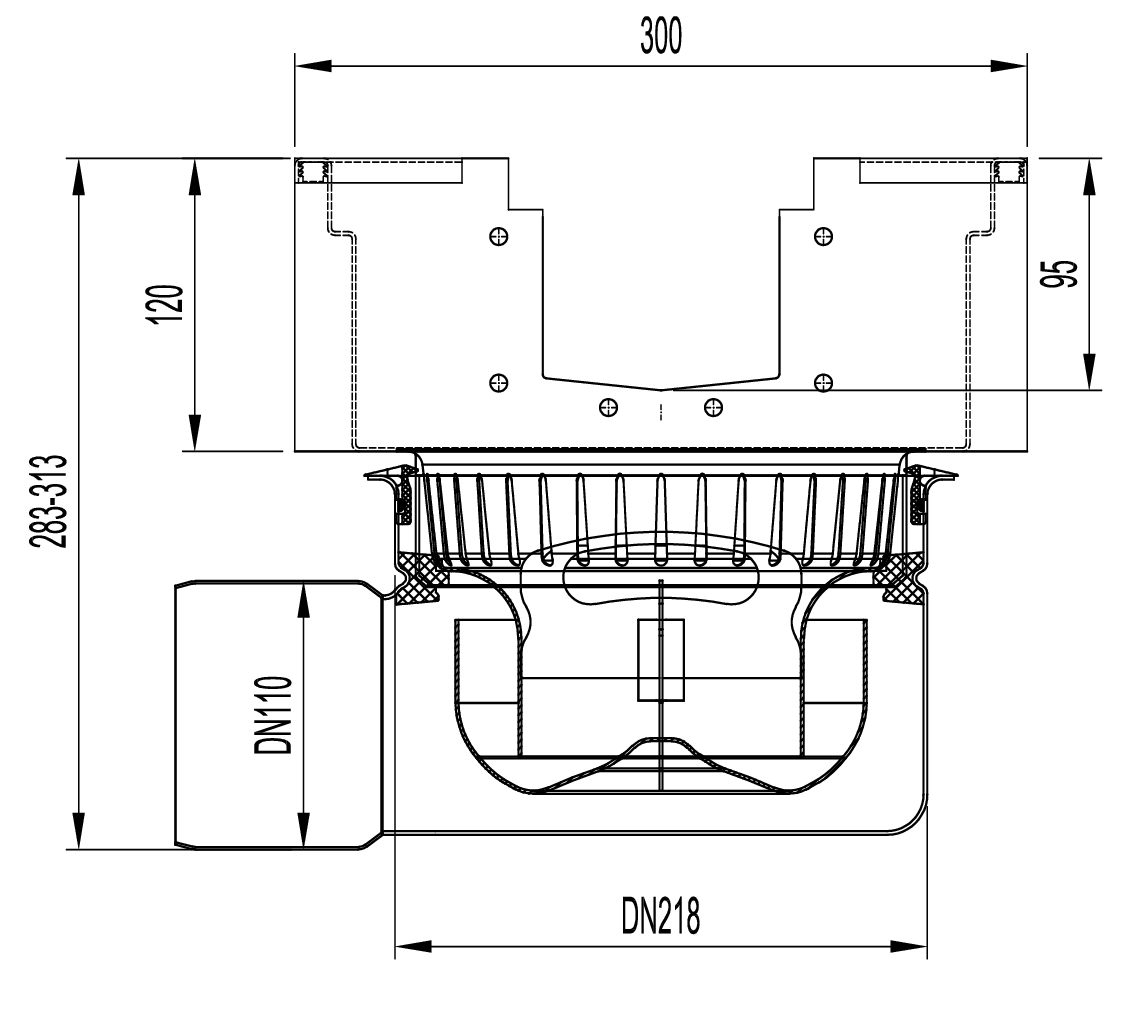 Esquema técnico del sumidero completo para el canal MODULAR 125 H95 L300 A300 H283 de acero inoxidable AISI304, sin reja, salida horizontal DN110, con sifón y cestillo.