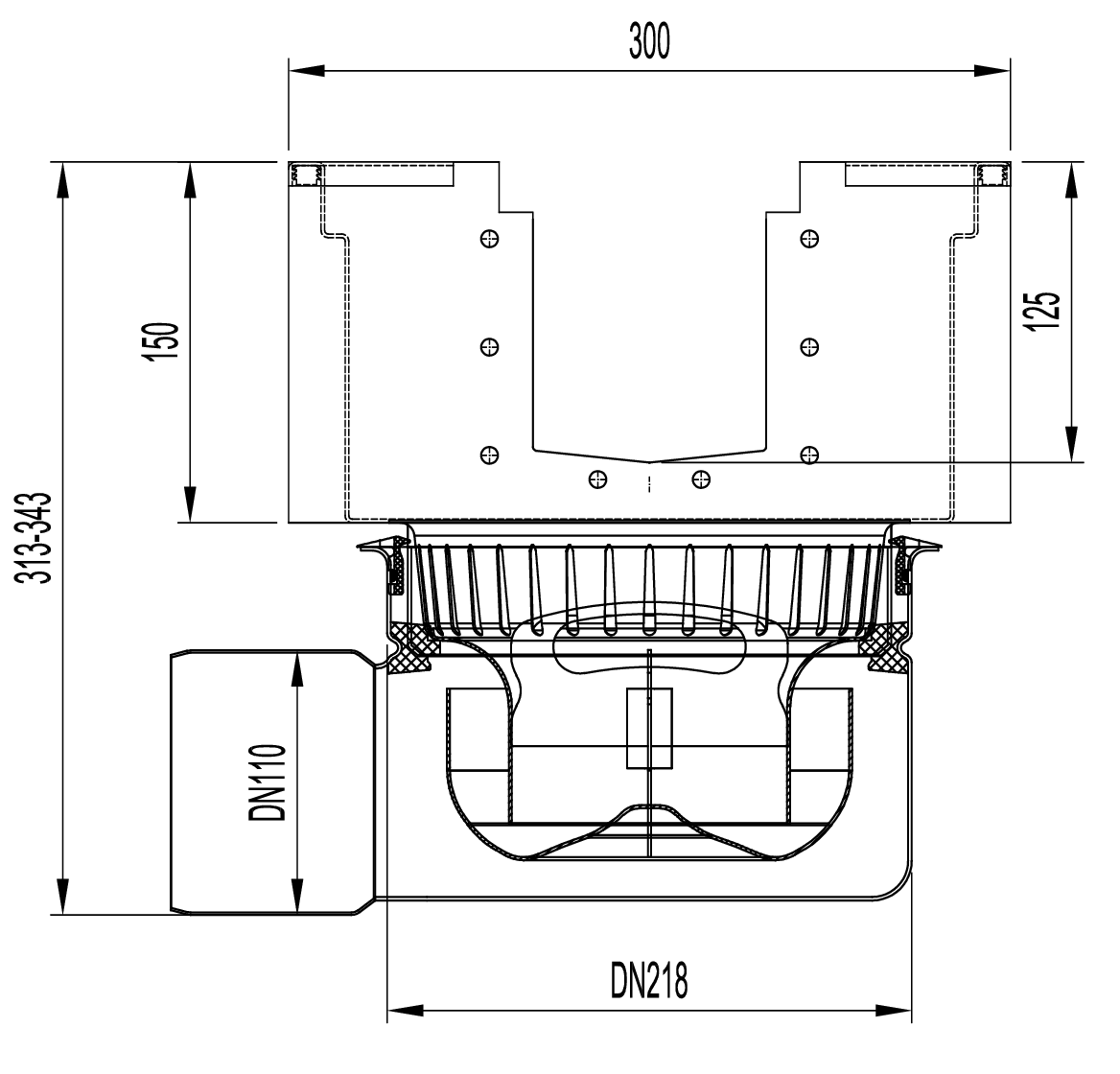 Esquema técnico do sumidouro completo para o canal MODULAR 125 H125 L300 A300 H313 em aço inoxidável AISI304, sem grelha, saída horizontal DN110, com sifão e cesto.