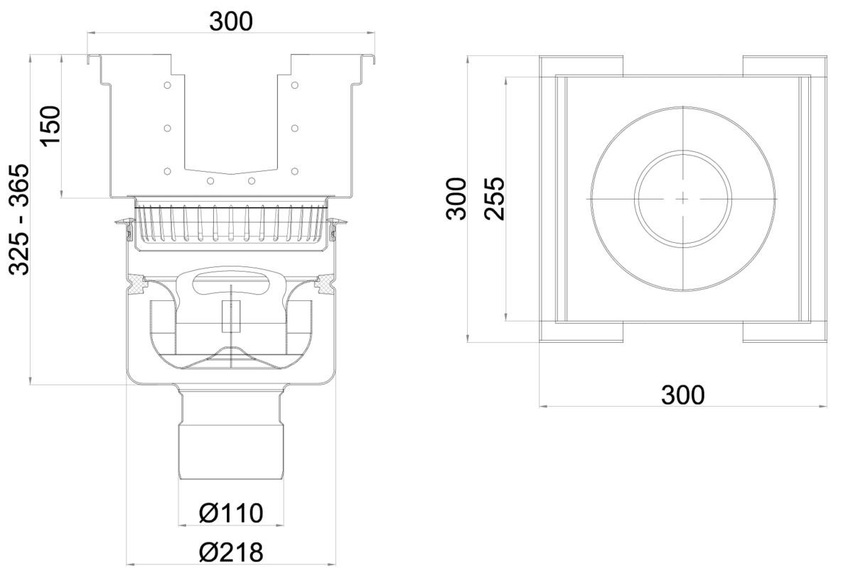 Esquema técnico del sumidero completo para el canal MODULAR 125 H125 L300 A300 H429 de acero inoxidable AISI304, sin reja, salida vertical DN110, con sifón y cestillo.