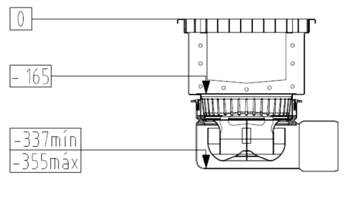 Esquema técnico do sumidouro completo para o canal MODULAR 200 H140 L300 A300 H328 em aço inoxidável AISI304, sem grelha, saída horizontal DN110, com sifão e cesto.