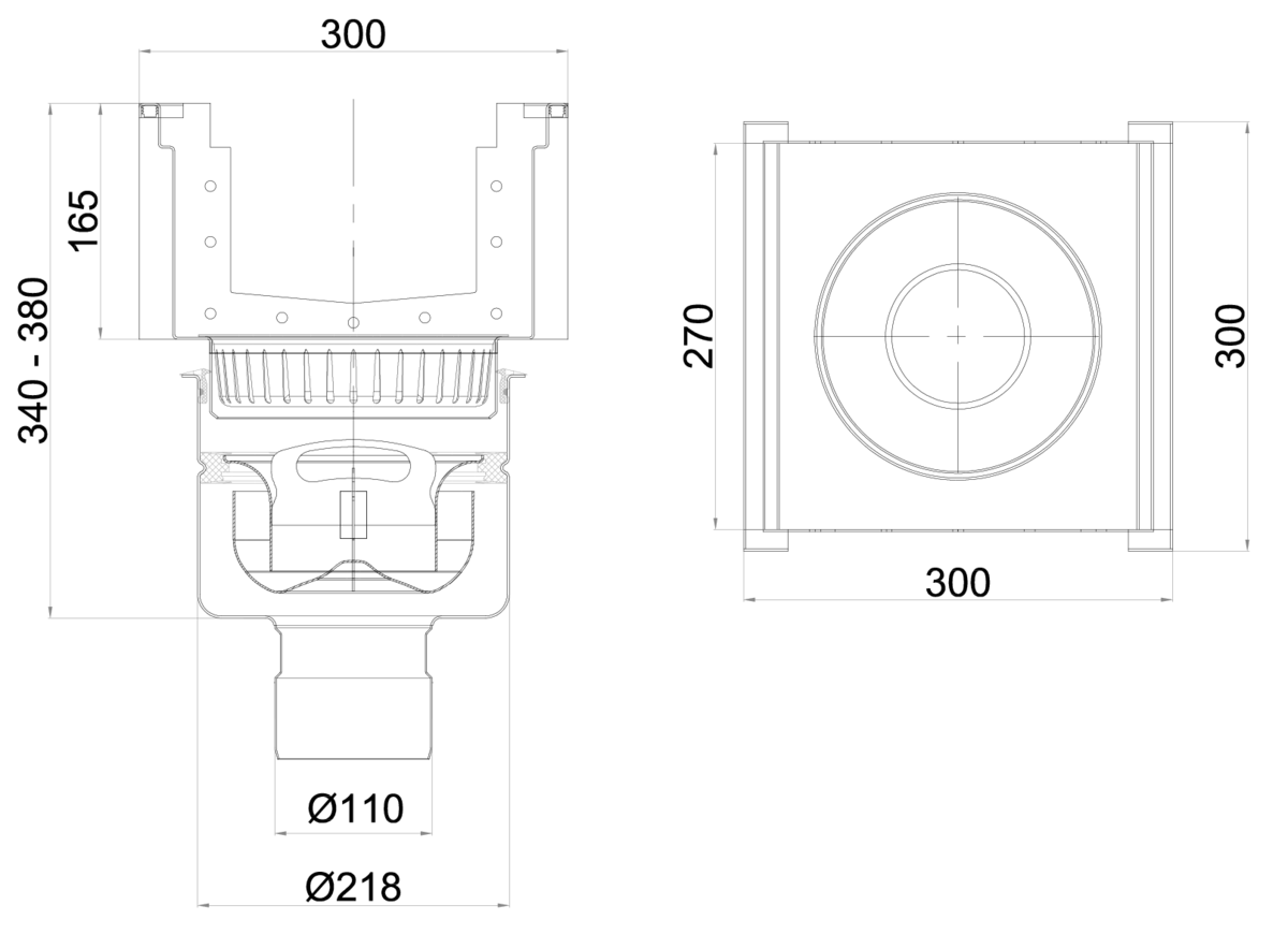 Esquema técnico do sumidouro completo para o canal MODULAR 200 H140 L300 A300 H444 em aço inoxidável AISI304, sem grelha, saída vertical DN110, com sifão e cesto.